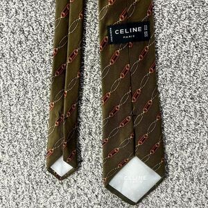 Celine Paris Necktie Mens One Size Olive Green Silk Printed Formal Designer